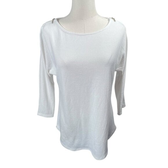 Dynamite Small Top White Shirt Blouse Zipper Spring Half Sleeve Scoop Minimalist - Picture 1 of 8